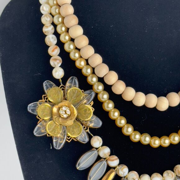 Lenora Dame Statement Necklace 3-Strand Wood Glass Stone Faux Pearl Beads - Picture 4 of 13